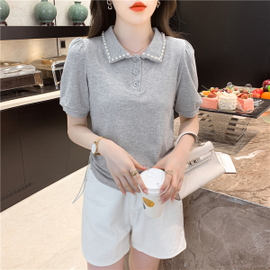 PS36604# 夏季新款小众洋气泡泡袖钉珠polo领短袖抽绳T恤女 服装批发女装直播货源