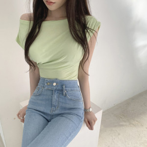 PS46181# 韩国东大门夏季新款很经典的自然褶皱修身纯色短袖T恤 服装批发女装直播货源