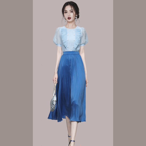 KM19532#时尚气质蓝色短袖上衣百褶裙长裙裙子
