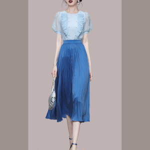 KM19532#时尚气质蓝色短袖上衣百褶裙长裙裙子