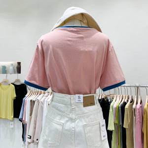 PS41528# 棉面料夏季新款宽松纯色拼色T恤短袖女