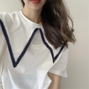 PS41529# 棉面料夏季新款设计感海军领T恤短袖女