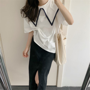 PS41529# 棉面料夏季新款设计感海军领T恤短袖女