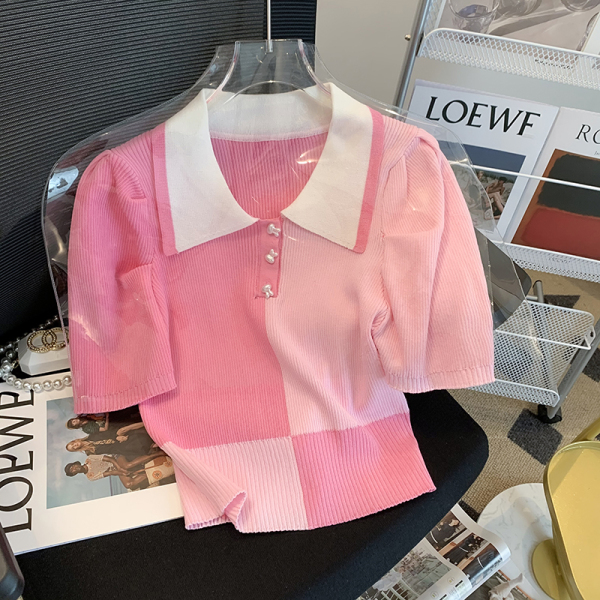 RM18130#夏季翻领针织衫粉红色小仙女上衣甜美风短袖T恤女