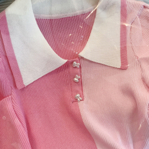 RM18130#夏季翻领针织衫粉红色小仙女上衣甜美风短袖T恤女