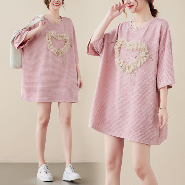 KM18376#短袖t恤女夏季韩版宽松大码女装中长款爱心衣服
