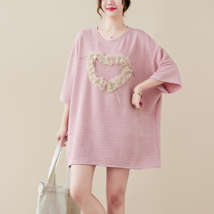 KM18376#短袖t恤女夏季韩版宽松大码女装中长款爱心衣服
