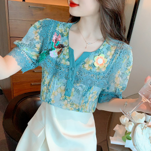 KM20500#夏装新款韩版短袖重工雪纺印花上衣女