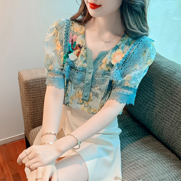 KM20500#夏装新款韩版短袖重工雪纺印花上衣女
