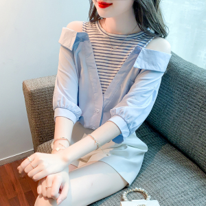 PS41191# 夏新款韩版条纹假两件露肩时尚潮流宽松设计感衬衣女