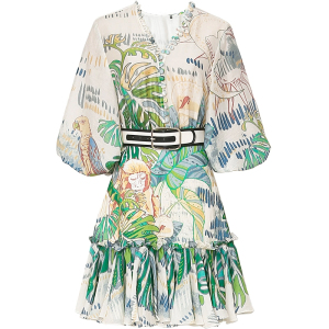 KM18115#夏季女装2022新款气质复古灯笼袖收腰显瘦绿色印花连衣裙短裙裙子