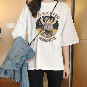 KM19003#夏季新款韩版纯棉t恤女短袖宽松设计感白色半袖上衣