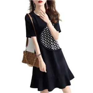 RM5675#拼接装饰2023夏季收腰气质显瘦连衣裙时尚气质裙子短袖