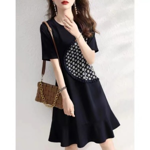 RM5675#拼接装饰2023夏季收腰气质显瘦连衣裙时尚气质裙子短袖