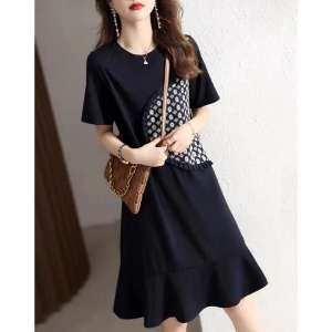 RM5675#拼接装饰2023夏季收腰气质显瘦连衣裙时尚气质裙子短袖