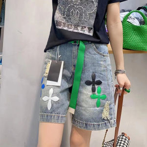 KM18214#韩国ins夏季美式街头潮流牛仔短裤贴皮万针刺绣设计感女五分短裤
