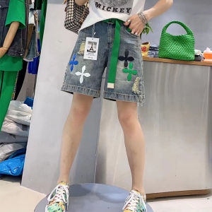 KM18214#韩国ins夏季美式街头潮流牛仔短裤贴皮万针刺绣设计感女五分短裤