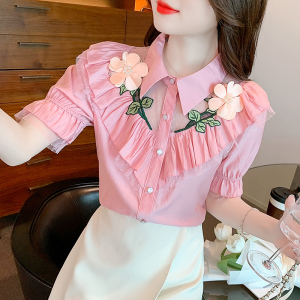 KM20501#夏装新款韩版短袖重工花朵雪纺衬衣女