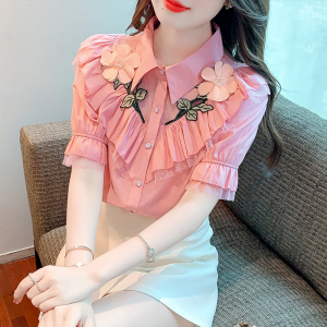 PS43388# 夏装新款韩版短袖重工花朵雪纺衬衣女 服装批发女装直播货源