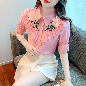 KM20501#夏装新款韩版短袖重工花朵雪纺衬衣女