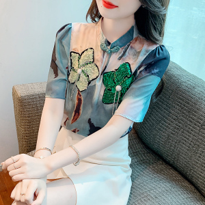 PS43389# 夏装新款韩版短袖重工花朵雪纺衬衣女 服装批发女装直播货源