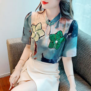 PS43389# 夏装新款韩版短袖重工花朵雪纺衬衣女 服装批发女装直播货源