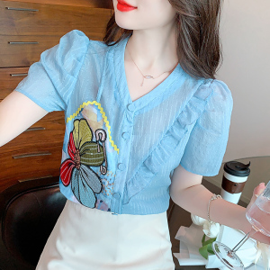 KM20506#夏装新款韩版短袖重工花朵雪纺衬衣女