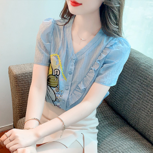 KM20506#夏装新款韩版短袖重工花朵雪纺衬衣女