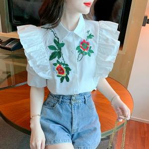 KM20509#夏装新款韩版短袖重工刺绣花朵衬衣女