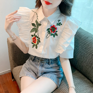 PS43392# 夏装新款韩版短袖重工刺绣花朵衬衣女 服装批发女装直播货源