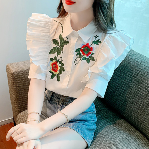 PS43392# 夏装新款韩版短袖重工刺绣花朵衬衣女 服装批发女装直播货源