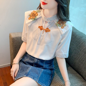 KM20510#夏装新款韩版短袖重工刺绣花朵衬衣女