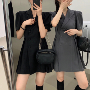 PS46013# 韩版收腰双排扣西装短袖连衣裙 服装批发女装直播货源