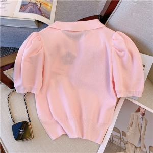 PS49659# 新款粉色POLO领短袖针织上衣女韩版泡泡袖冰丝配胸针 服装批发女装直播货源