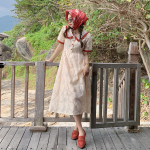 KM18668#夏新款女复古茶歇法初恋式立体提花法式赫本风短袖连衣裙