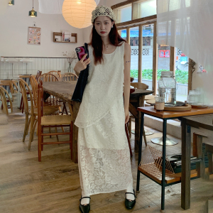 KM15620#新中式 改良旗袍 蕾丝盘扣不对称背心VS半身裙套装