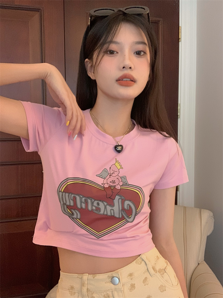 Sweet and spicy style love letter printed short sleeve T-shirt women's slim short navel revealing top