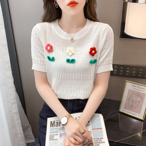 KM15883#设计感花朵镂空冰丝白色短袖针织衫T恤女夏新款减龄纯欲上衣