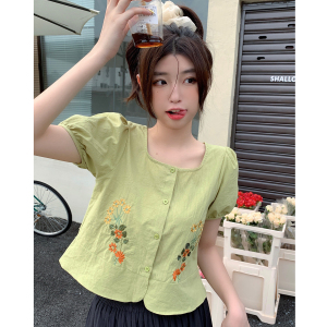 KM15561#韩版ins风方领设计感上衣重工刺绣小众气质显瘦百搭衬衫