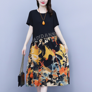 RM4172#大码女装夏季新款时尚拼色不规则设计感宽松显瘦休闲碎花连衣裙