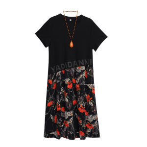 RM4172#大码女装夏季新款时尚拼色不规则设计感宽松显瘦休闲碎花连衣裙