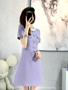 KM18825#新款别致设计小众法式质感高级感紫色小香风连衣裙子女夏季
