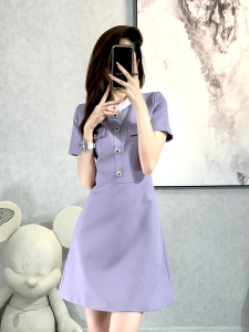 KM18825#新款别致设计小众法式质感高级感紫色小香风连衣裙子女夏季