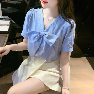 KM15941#夏季新款法式蝴蝶结短袖衬衫女设计感小众甜美百搭上衣
