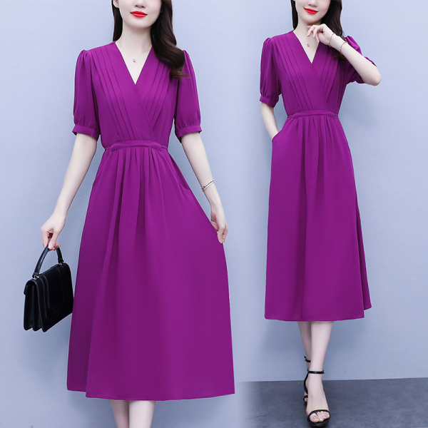 RM8714#大码女装连衣裙v领度假风优雅长款显瘦紫色雪纺裙子夏季