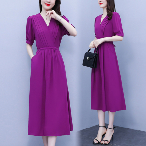 RM8714#大码女装连衣裙v领度假风优雅长款显瘦紫色雪纺裙子夏季