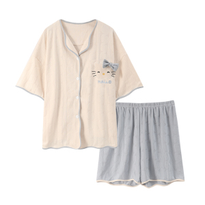 KM15950#夏季睡衣女短袖宽松V领抽条开衫甜美可爱睡衣家居服