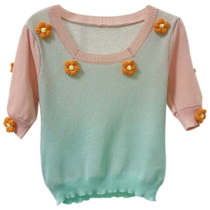 KM15711#新款渐变色方领短袖针织衫女显瘦立体花朵泡泡袖甜美减龄T恤