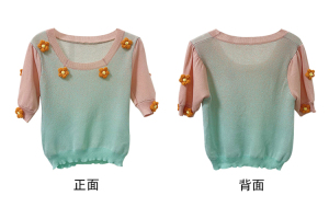 KM15711#新款渐变色方领短袖针织衫女显瘦立体花朵泡泡袖甜美减龄T恤