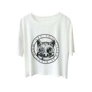 PS41536# 纯棉猫咪印花短款短袖T恤女夏季薄款白色上衣高腰罩衫